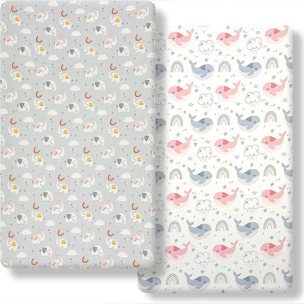 NWT Set of 2 Pcs Super Soft Stretch Knit Crib Fitted Sheets, Rainbow Whale